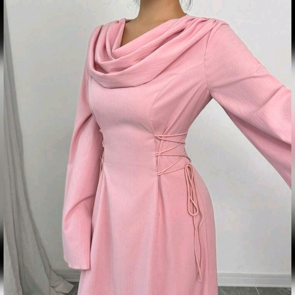 French Elegant Pleated Lantern Sleeve Tie Waist A-Line Dress, Pink Color - Picture 4 of 4